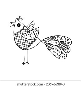 El pájaro estilizado dibujado a mano en el estilo del doodle. Colorante página, invitación, postal. Imagen vectorial en blanco y negro.