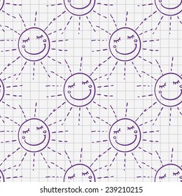 Funny hand drawn sun sketch in a notebook vector seamless pattern. Chess grid order pattern.