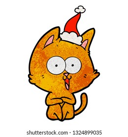 funny hand drawn textured cartoon of a cat wearing santa hat