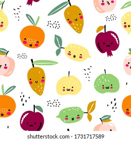 Funny hand drawn tropical fruits cartoon seamless pattern on white background. For modern and original textile, wrapping paper, wall art.