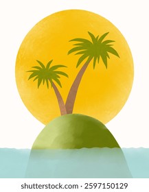 Funny Hand Drawn Tropical Landcape. Vector Illustration with Palms, Island, Ocean and Sun Isolated on an Off-White Background. Simple Infantile Style Summer Print ideal for Wall Art, Card, Poster. RGB