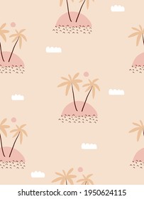 Funny Hand Drawn Tropical Party Seamless Vector Pattern with Palms, Clouds and Suns Isolated on a Light Cream Background. Simple Infantile Style Nursery Art ideal for Fabric, Textile.