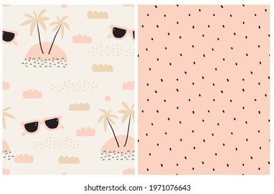 Funny Hand Drawn Tropical Party Seamless Vector Pattern with Palms, Clouds and Sunglasses Isolated on a Light Cream Background. Simple Geometric Print with Black Spots on a Pastel Pink BAckground.