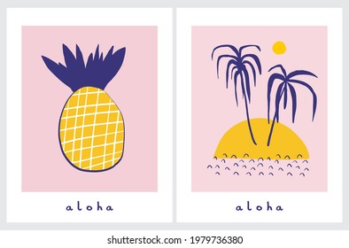 Graciosas ilustraciones de vectores de partido tropical dibujadas a mano con palmeras y piña aisladas en un fondo rosa claro y blanco. Simple Aloha Party Print ideal para Wall Art, Tarjeta, Afiche, Invitación.