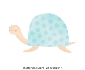 Funny Hand Drawn Turtle On a White Background.  Kids' Room Decoration. Vector Illustration Of Cute Smiling Turtle With Pastel Blue Dotted Shell. RGB.
