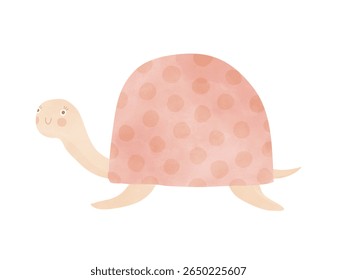 Funny Hand Drawn Turtle On a White Background.  Kids' Room Decoration. Vector Illustration Of Cute Smiling Turtle With Light Pink Dotted Shell. RGB.