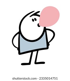 Funny hand drawn uncultured stickman inflates pink bubble of chewing gum. Vector illustration of a child  prank. Funny person isolated on white background.