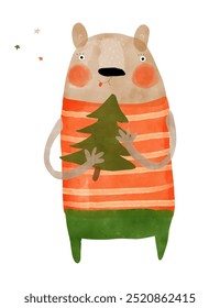 Funny Hand Drawn Vector Card with Brown Bear and Christmas Tree. Cute Big Tedy Bear on a White Background. Childish Drawing-like Print with Bear Holding Spruce Tree. Winter Holidays Print. RGB.