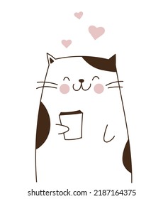 
funny hand drawn vector cat with disposable cup isolated on white background