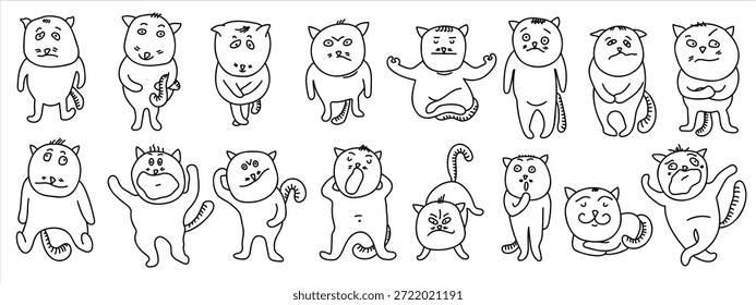 Divertidos gatos de Vector dibujados a mano que muestran emociones de cuerpo completo, gestos y expresiones faciales en estilo de arte lineal.
