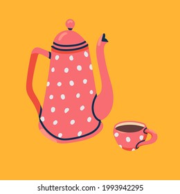 Funny hand drawn vector design element on ceramic coffee serving pot in pink polka style with matching cup