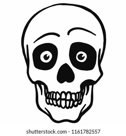 funny hand drawn vector illustration of a skull with eyes in black and white from the front