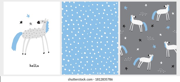 Funny Hand Drawn Vector Illustration with Light Gray Horse with Blue Tail and Mane Isolated on a White Background. Simple Seamless Dotted Pattern. Infantile Style Vector Print with White Horses.