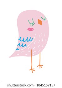 Funny Hand Drawn Vector Illustration with Cute Pastel Pink Bird Isolated on a White Background. Simple Infantile Style Nursery Art ideal for Card, Wall Art, Poster.