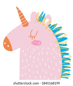 Funny Hand Drawn Vector Illustration with Cute Pastel Pink Unicorn Isolated on a White Background. Simple Infantile Style Nursery Art ideal for Card, Wall Art, Poster. Magic World Printable Art.