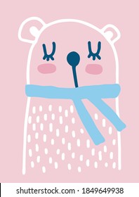 Funny Hand Drawn Vector Illustration with Cute White Bear Wearing Blue Scarf. Polar Bear Isolated on a Pastel Pink Background. Abstract Infantile Style Nursery Art ideal for Kids Room Decoration.