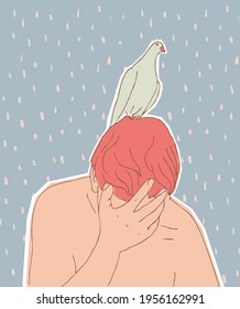 Funny Hand Drawn Vector Illustration with Pigeon Sitting on a Man's Red-Haired Head. Trendy Boho Style Print with Man and Dove on a Pale Blue Grunge Background.
