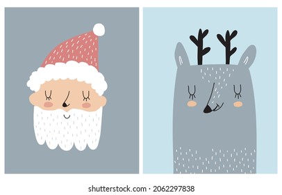 Funny Hand Drawn Vector Illustration with Cute Dreamy Deer and Funny Santa Claus Isolated on a Blue and Gray Background. Simple Infantile Style Winter Holidays Print ideal for Wall Art, Poster,Card. 
