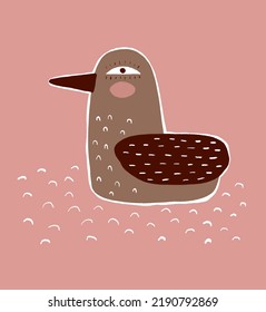 Funny Hand Drawn Vector Illustration with Cute Big Bird Floating on a Wavy Water. Brown Seagull on a Blush Pink Background. Cool Water Bird Print ideal for Card, Wall Art, Poster.Abstract Doodle Duck.
