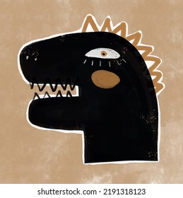 Funny Hand Drawn Vector Illustration with Head of Black Dinosaur. Monster Punk. Halloween Print with Black Dragon on a Grunge Brown Background ideal for Card, Poster, Wall Art, Party Decoration.