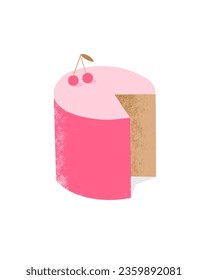 Funny Hand Drawn Vector Illustration with Pink Birthday Cake with Cherries isolated on a White Background. Simple Minimalist Birthday Card. No text. RGB Colors. Fruit and Chocolate Cake.