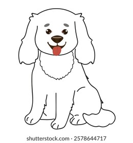 Funny hand drawn vector illustration with black and white outline dog. Funny dog with bright tongue.