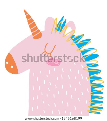 Funny Hand Drawn Vector Illustration with Cute Pastel Pink Unicorn Isolated on a White Background. Simple Infantile Style Nursery Art ideal for Card, Wall Art, Poster. Magic World Printable Art.
