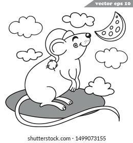 Funny hand drawn vector outlined mouse or rat with extra elements for your designs. Cheese and clouds, pillow and sleeping hat. Usuful as a coloring book, preschool educational album, simple print 