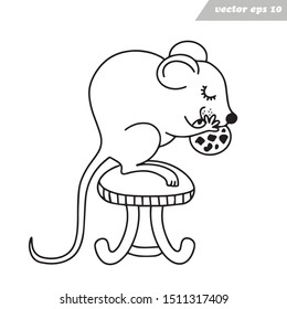 Funny hand drawn vector outlined mouse or rat with biscuit sitting on the chair. Usuful as a coloring book, preschool educational album, simple print pattern. fation design, poster, sticker.