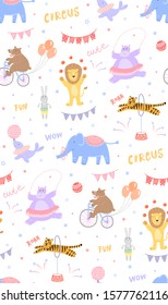 Funny hand drawn vector pattern with circus animals performing different tricks on the background of stars and flags