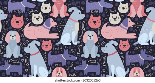 Funny hand drawn vector print with cute pink and purple blue dogs and cats. Lovely pets seamless design. Pattern with lettering - roar, meow, woof. Stylized modern creative kids style textile backdrop