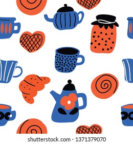 Funny hand drawn vector seamless pattern with tea pot, cups and bakery products, made in scandinavian style.