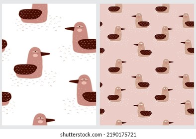 Funny Hand Drawn Vector Seamless Pattern with Cute Big Bird Floating on a Wavy Water. Brown Seagull on a White and Pink Background. Cool Water Bird Print ideal for Fabric. Abstract Doodle Duck.