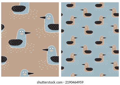 Funny Hand Drawn Vector Seamless Pattern with Cute Big Bird Floating on a Wavy Water. Brown Seagull on a Brown and Blue Background. Cool Water Bird Print ideal for Fabric. Abstract Doodle Duck.