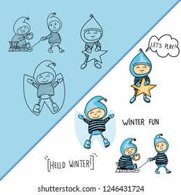 Funny hand drawn winter dwarfs or kids playing outdoor