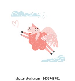 Funny hand drown design for cards, banners, tshirt and other print. Cute pink sheep with wings able to fly in the sky. Ironical vector flat vector illustration on isolated background.