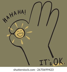 Funny Hand Gesture with Smiling Sun – Positive Cartoon Illustration with Text