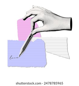 Funny Hand holding a pencil. Trendy halftone collage in vintage mixed art style. Vector illustration.