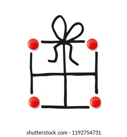 Funny hand illustration of gift/present box with a ribbon - at the corners four red sweets. Isolated in white background. Use as illustrations for birthday or anniversary invitation etc. Vector eps 10