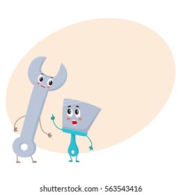Funny hand trowel pointing up and wrench character listening, cartoon vector illustration on background with place for text. Comic style trowel and wrench, building, construction tool characters
