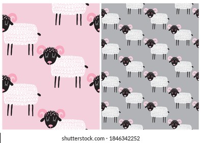 Funny Hand Vector Seamless Pattern with Cute Fluffy Sheep Isoleted on Pastel Pink nad Gray Background.Infantile Style Nursery Art ideal for Fabric, Textile.Scandinavian Style Farm Animal Print.