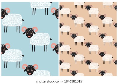 Funny Hand Vector Seamless Pattern with Cute Fluffy Sheep Isoleted on Pastel Pink nad Gray Background.Infantile Style Nursery Art ideal for Fabric, Textile.Scandinavian Style Farm Animal Print.