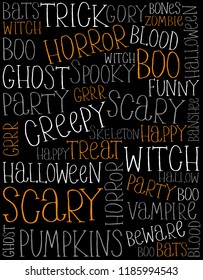 Funny Hand Written Halloween Text Vector Illustration. Black Background. Irregular Shape Font. Halloween Theme Poster. Cute Halloween Wallpaper. Cool Infantile Style Drawing-like Halloween Pattern. 