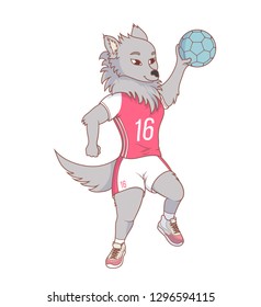 Funny handball player as a wolf in pink t-shirt. Vector illustration on white background.