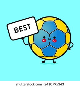 Am besten ein lustiger Handball mit Poster. Vektorhandgezeichnete Cartoons kawaii Zeichentricksymbol. Einzeln auf blauem Hintergrund. Happy-Handball-Denkkonzept