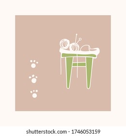 Funny hand-drawn background, stool, balls of thread and cat paw prints.