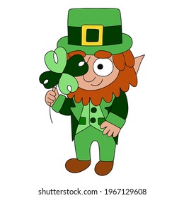 Funny hand-drawn cartoon leprechaun in green with four-leaf clover stock vector illustration. Traditional Irish folklore character - happy leprechaun isolated on white