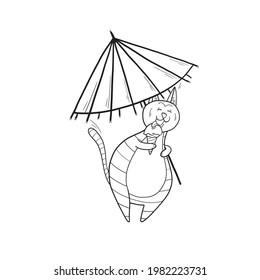 Funny hand-drawn cat on the beach. Pet, humor, vacation, vacation, summer, beach, ice-cream. Vector illustration for design or textile print