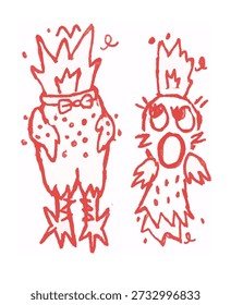 Divertidos personajes de pollo dibujados a mano en estilo doodle con textura roja