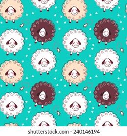 Funny hand-drawn colored sheep with bells and footmarks. Vector seamless pattern. Ideal to use as a background for the site or print on textiles.